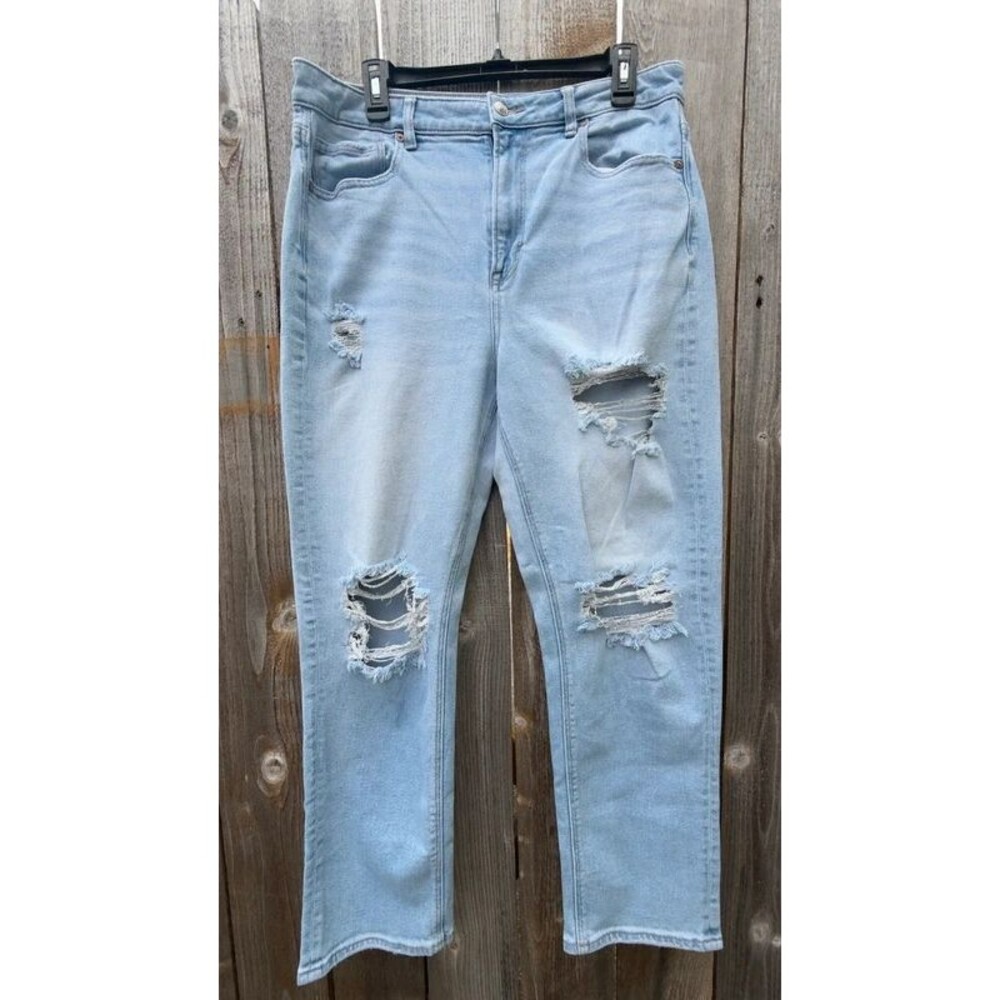 American Eagle Mom Straight Jeans Women 14R Light Wash Stretch Distressed Ripped